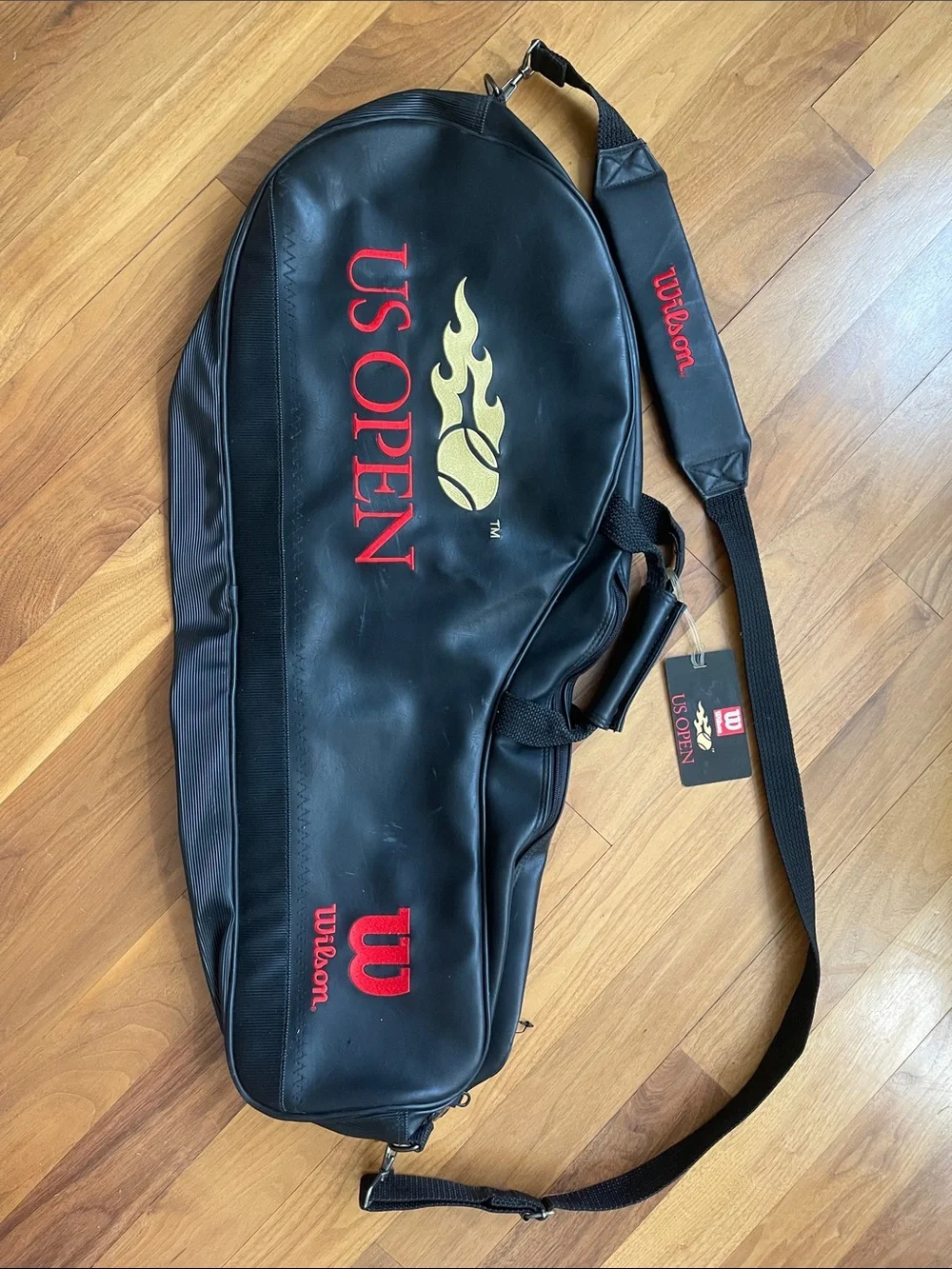 Wilson US OPEN Black Leather Tennis Travel Gym Duffel Bag Embroidered